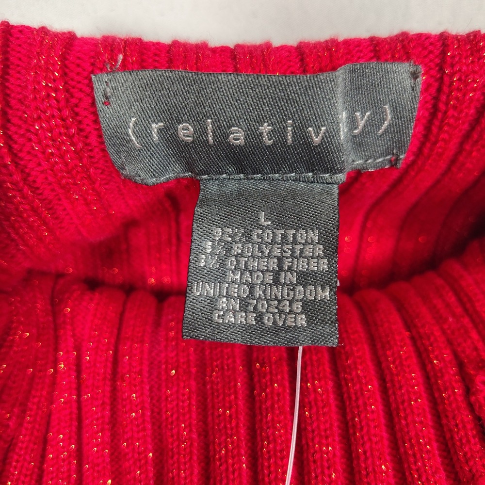 Relativity Sweater Women L Red Mock Neck Metallic Ribbed Knit Cotton R4814L - Picture 4 of 8